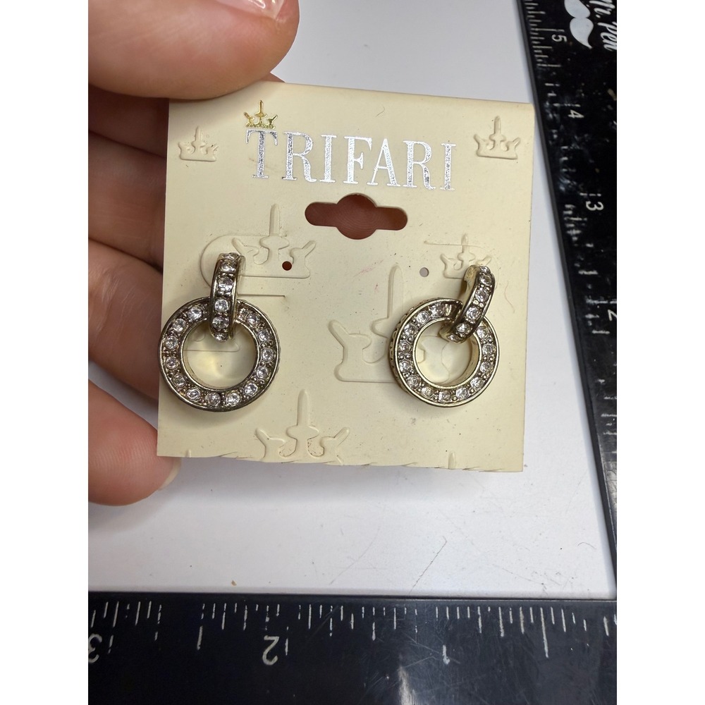 Trifari Gold Tone Rhinestone Double Circle Door Knocker Pierced Earrings